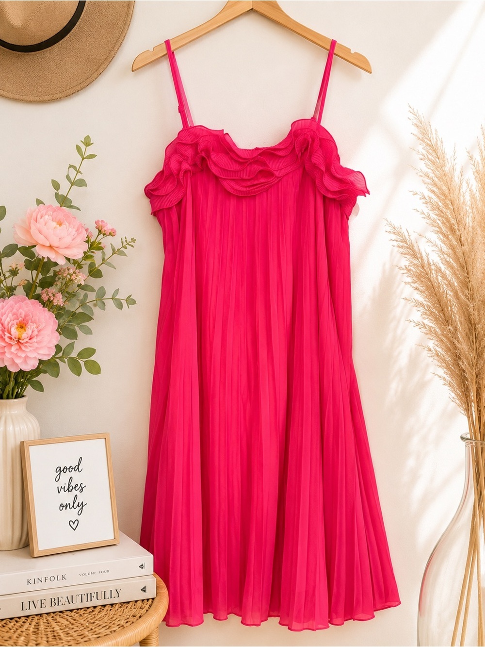 Hot Pink Ruffle-Trim Pleated Midi Slip Dress